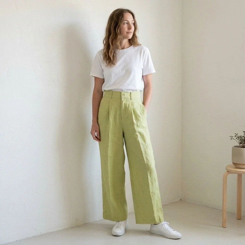 Everlane Way-High Slouch Pants Womens 00 Green Linen Wide Leg High Rise Trousers